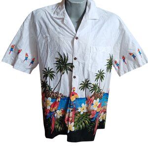 Large Pacific Legend Hawaiian Shirt  Tropical Print Palm Trees Parrots Cotton